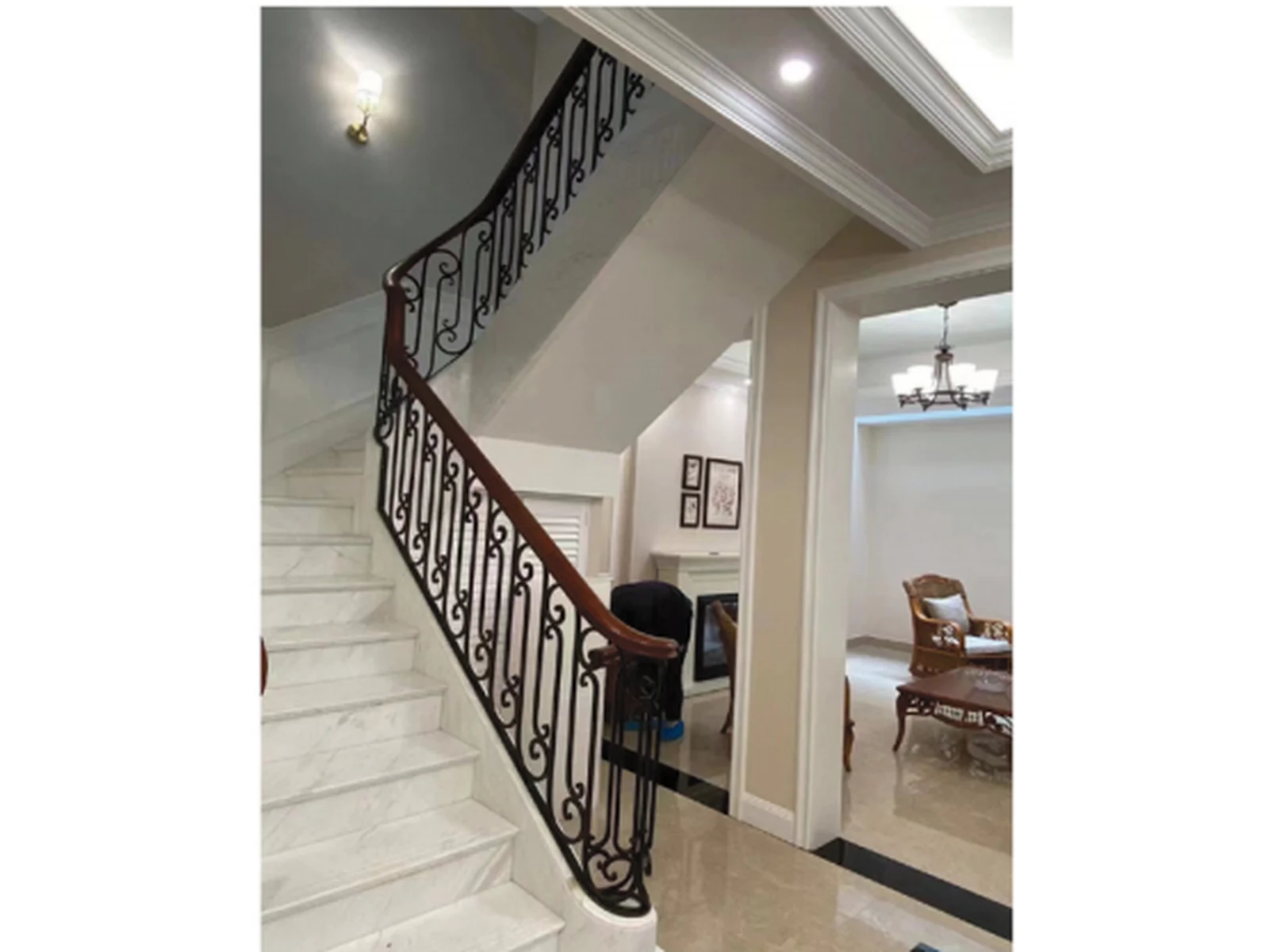 American Simple Wrought Iron Stair Railing with Vertical Spindles and Wood Handrail-1 American Simple Wrought Iron Stair Railing with Vertical Spindles and Wood Handrail