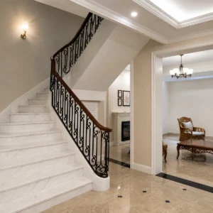 American Simple Wrought Iron Stair Railing with Vertical Spindles and Wood Handrail