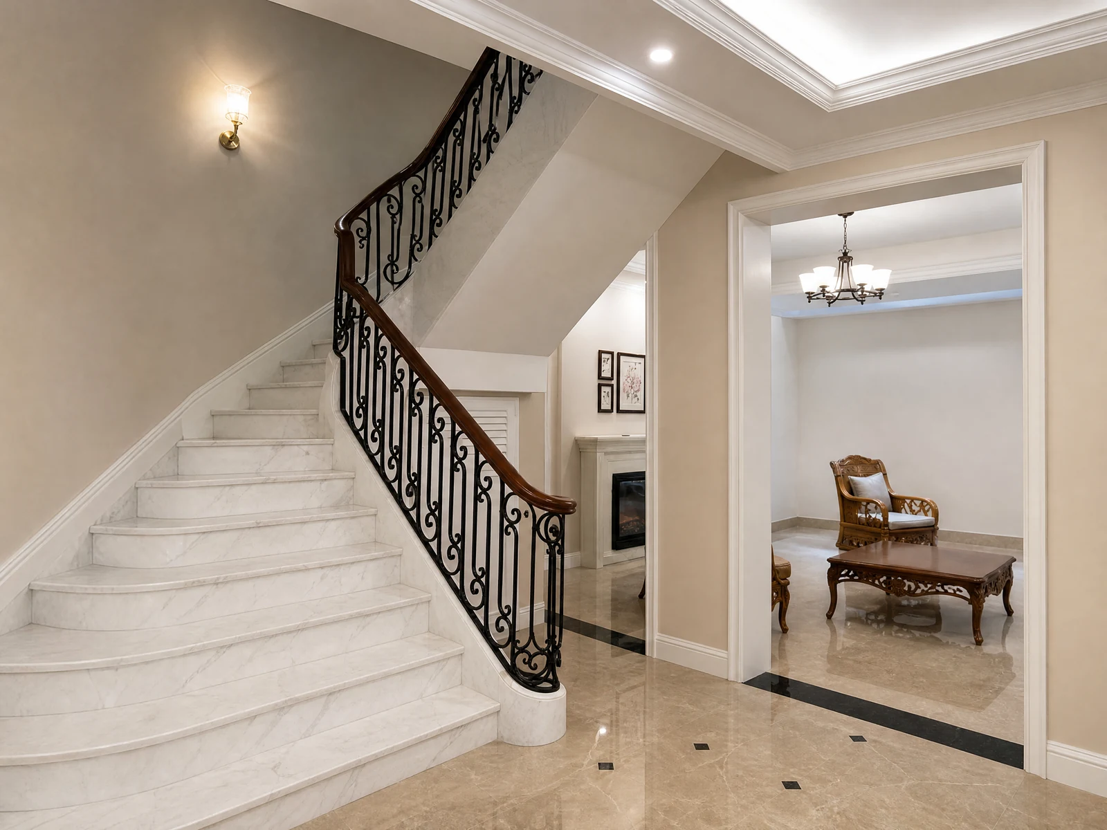 American Simple Wrought Iron Stair Railing with Vertical Spindles and Wood Handrail American Simple Wrought Iron Stair Railing with Vertical Spindles and Wood Handrail
