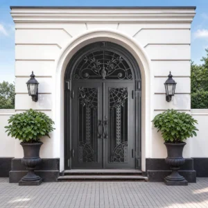 Arched Wrought Iron Double Entry Door with Luxury Black Finish