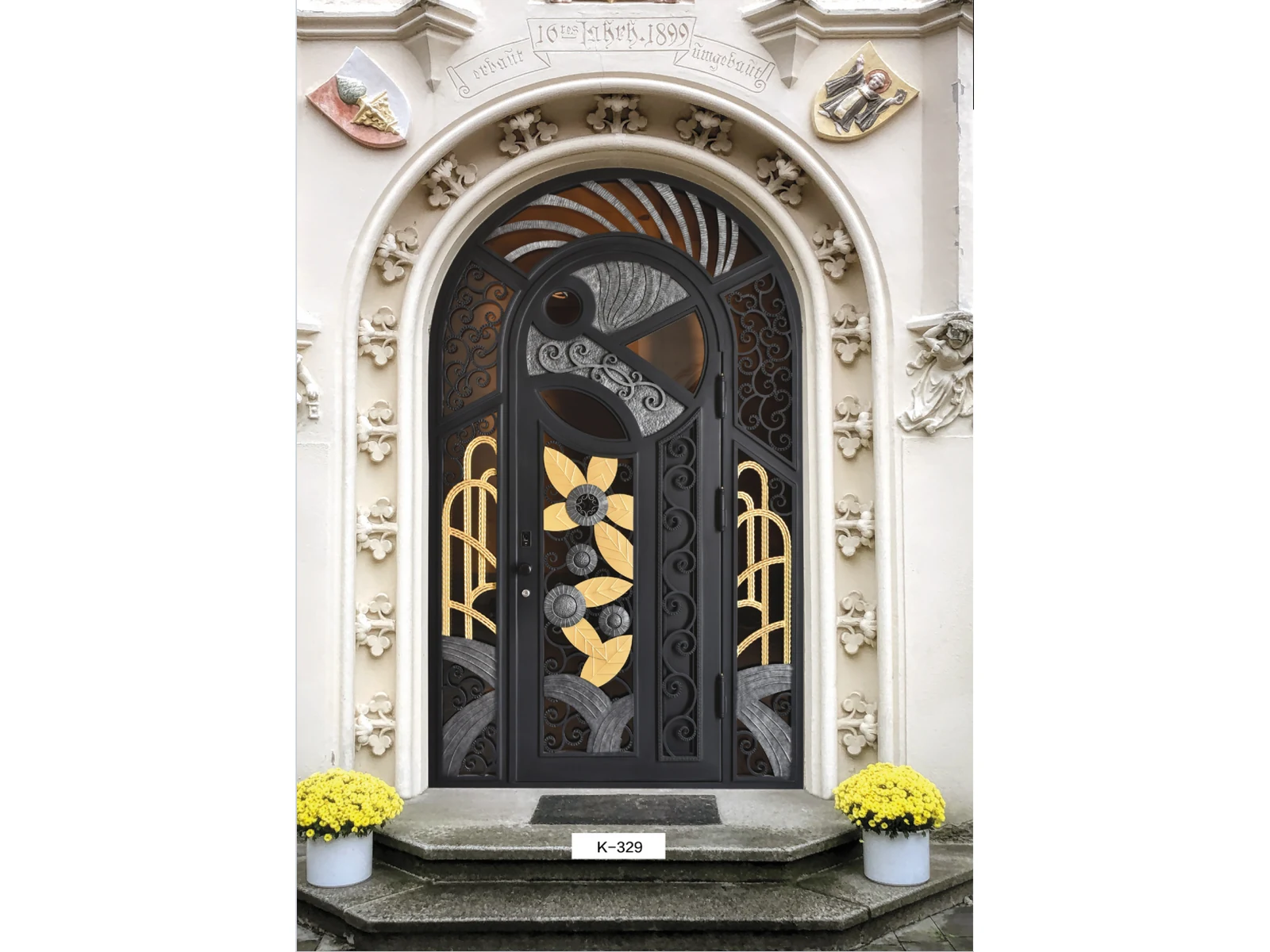Art Deco Arched Wrought Iron Entry Door with Black Gold Design-1 Art Deco Arched Wrought Iron Entry Door with Black Gold Design