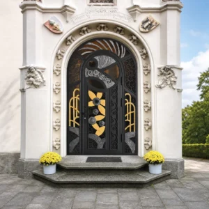 Art Deco Arched Wrought Iron Entry Door with Black Gold Design
