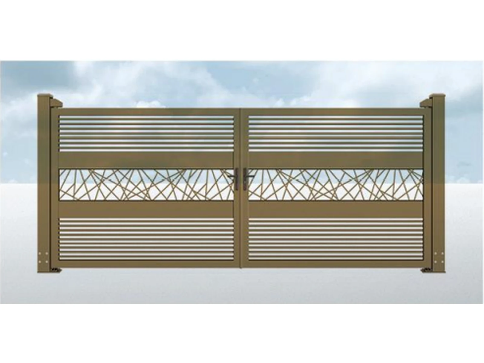 Bronze Brown Horizontal Double Swing Driveway Gate with Diamond Mesh Center Panel-1 Bronze Brown Horizontal Double Swing Driveway Gate with Diamond Mesh Center Panel