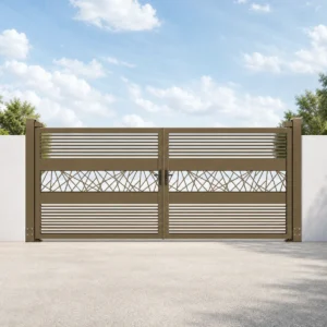 Bronze Brown Horizontal Double Swing Driveway Gate with Diamond Mesh Center Panel