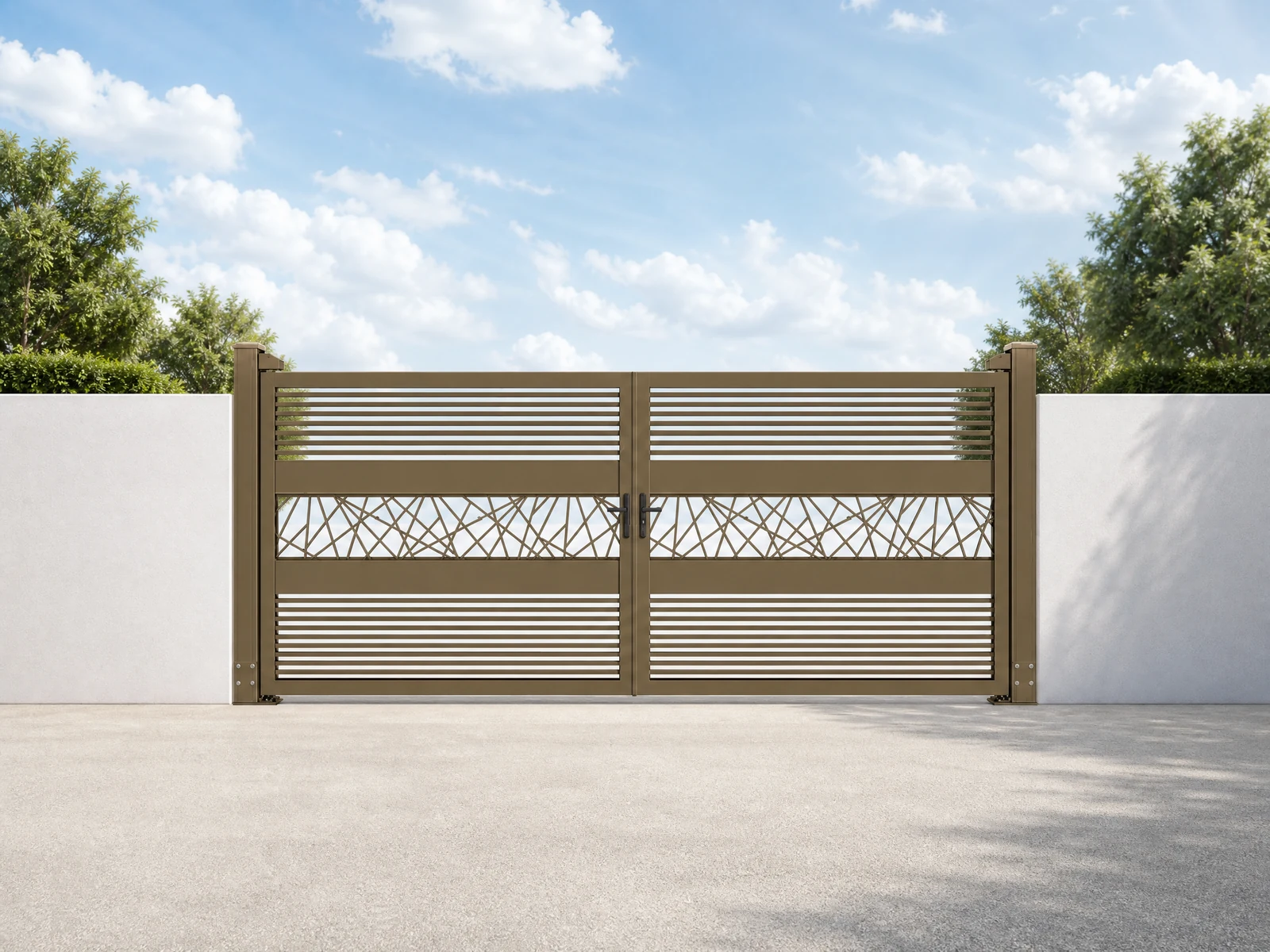 Bronze Brown Horizontal Double Swing Driveway Gate with Diamond Mesh Center Panel Bronze Brown Horizontal Double Swing Driveway Gate with Diamond Mesh Center Panel