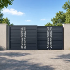 Charcoal Black Aluminum Bi-Folding Sliding Gate with Geometric Decorative Panels
