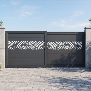 Charcoal Black Aluminum Folding Sliding Gate with White Abstract Wave Decoration