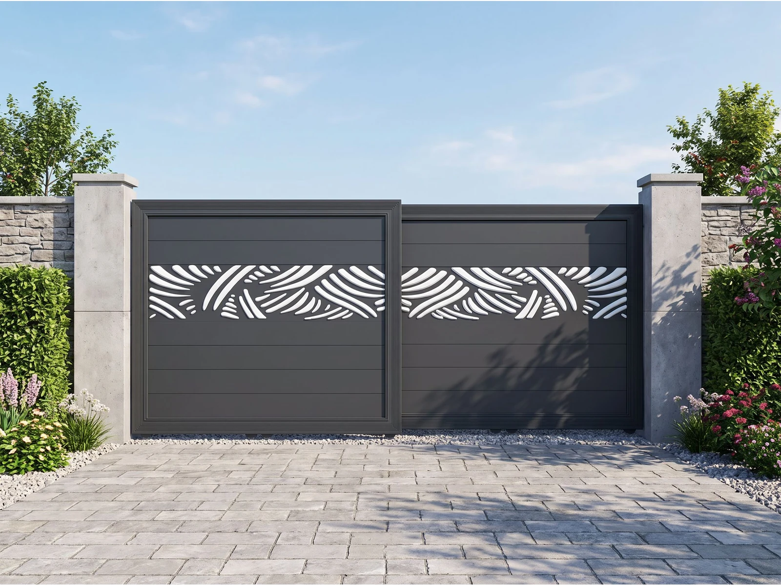 Charcoal Black Aluminum Folding Sliding Gate with White Abstract Wave Decoration Charcoal Black Aluminum Folding Sliding Gate with White Abstract Wave Decoration