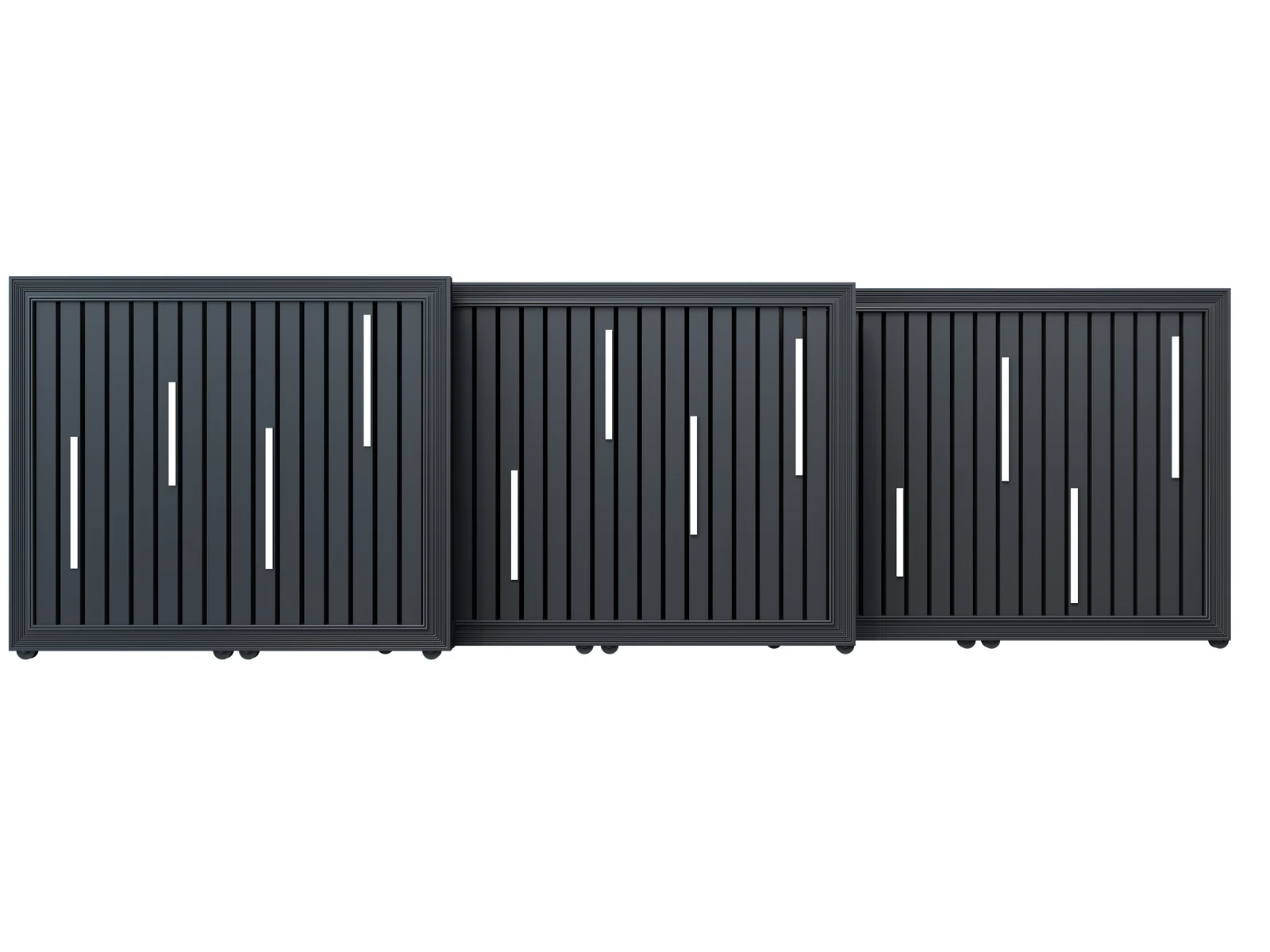 Charcoal Black Aluminum Tri-Fold Sliding Gate with Decorative White Vertical Strips-1 Charcoal Black Aluminum Tri-Fold Sliding Gate with Decorative White Vertical Strips