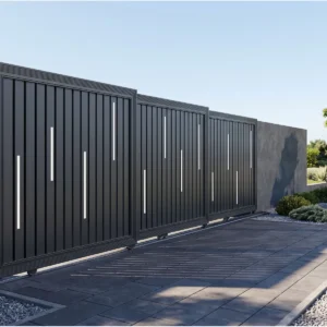 Charcoal Black Aluminum Tri-Fold Sliding Gate with Decorative White Vertical Strips