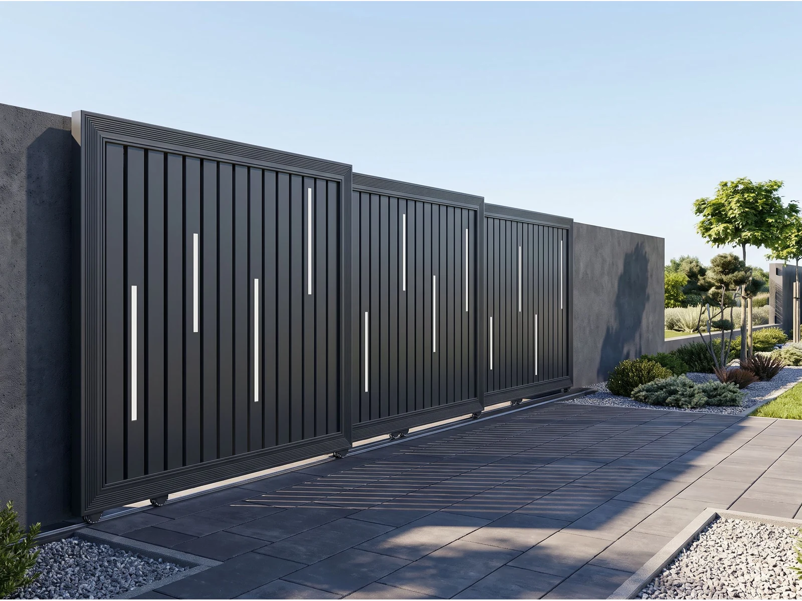 Charcoal Black Aluminum Tri-Fold Sliding Gate with Decorative White Vertical Strips Charcoal Black Aluminum Tri-Fold Sliding Gate with Decorative White Vertical Strips