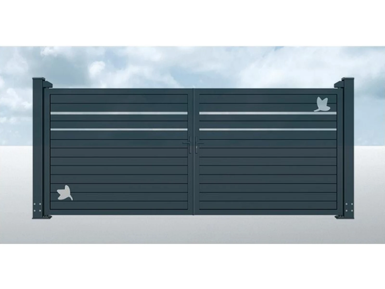 Charcoal Black Horizontal Double Swing Driveway Gate with White Butterfly Decoration-1 Charcoal Black Horizontal Double Swing Driveway Gate with White Butterfly Decoration