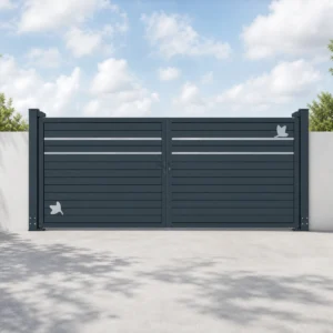 Charcoal Black Horizontal Double Swing Driveway Gate with White Butterfly Decoration