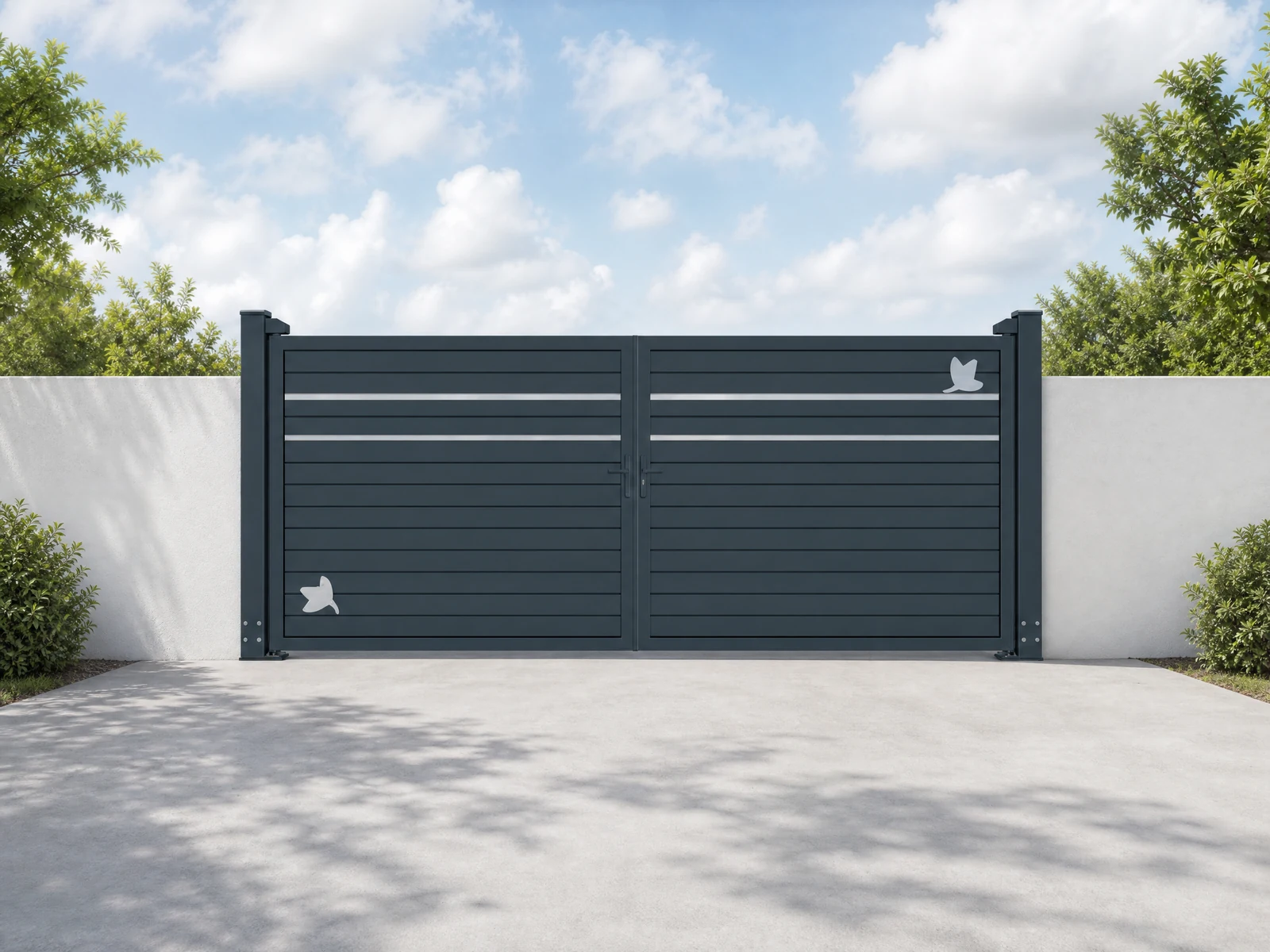 Charcoal Black Horizontal Double Swing Driveway Gate with White Butterfly Decoration Charcoal Black Horizontal Double Swing Driveway Gate with White Butterfly Decoration