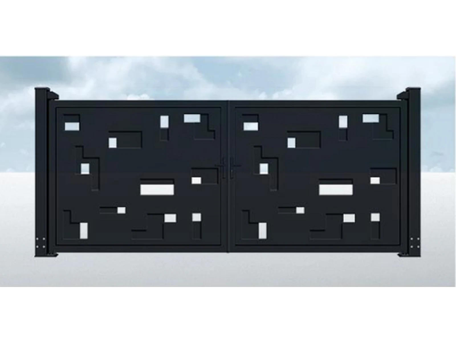 Charcoal Black Horizontal Double Swing Driveway Gate with White Geometric Cut-Out Pattern-1 Charcoal Black Horizontal Double Swing Driveway Gate with White Geometric Cut-Out Pattern