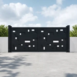 Charcoal Black Horizontal Double Swing Driveway Gate with White Geometric Cut-Out Pattern
