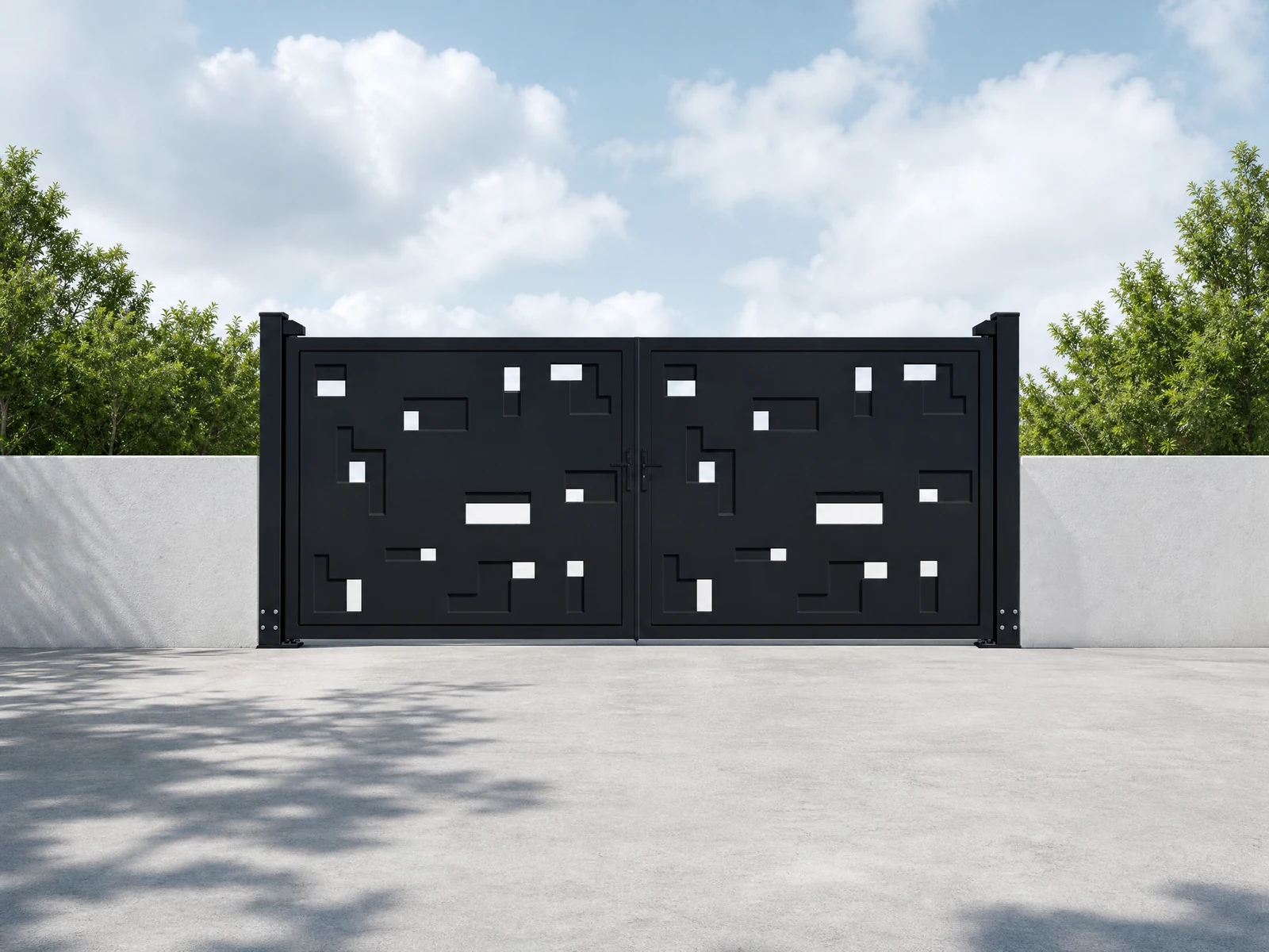 Charcoal Black Horizontal Double Swing Driveway Gate with White Geometric Cut-Out Pattern Charcoal Black Horizontal Double Swing Driveway Gate with White Geometric Cut-Out Pattern