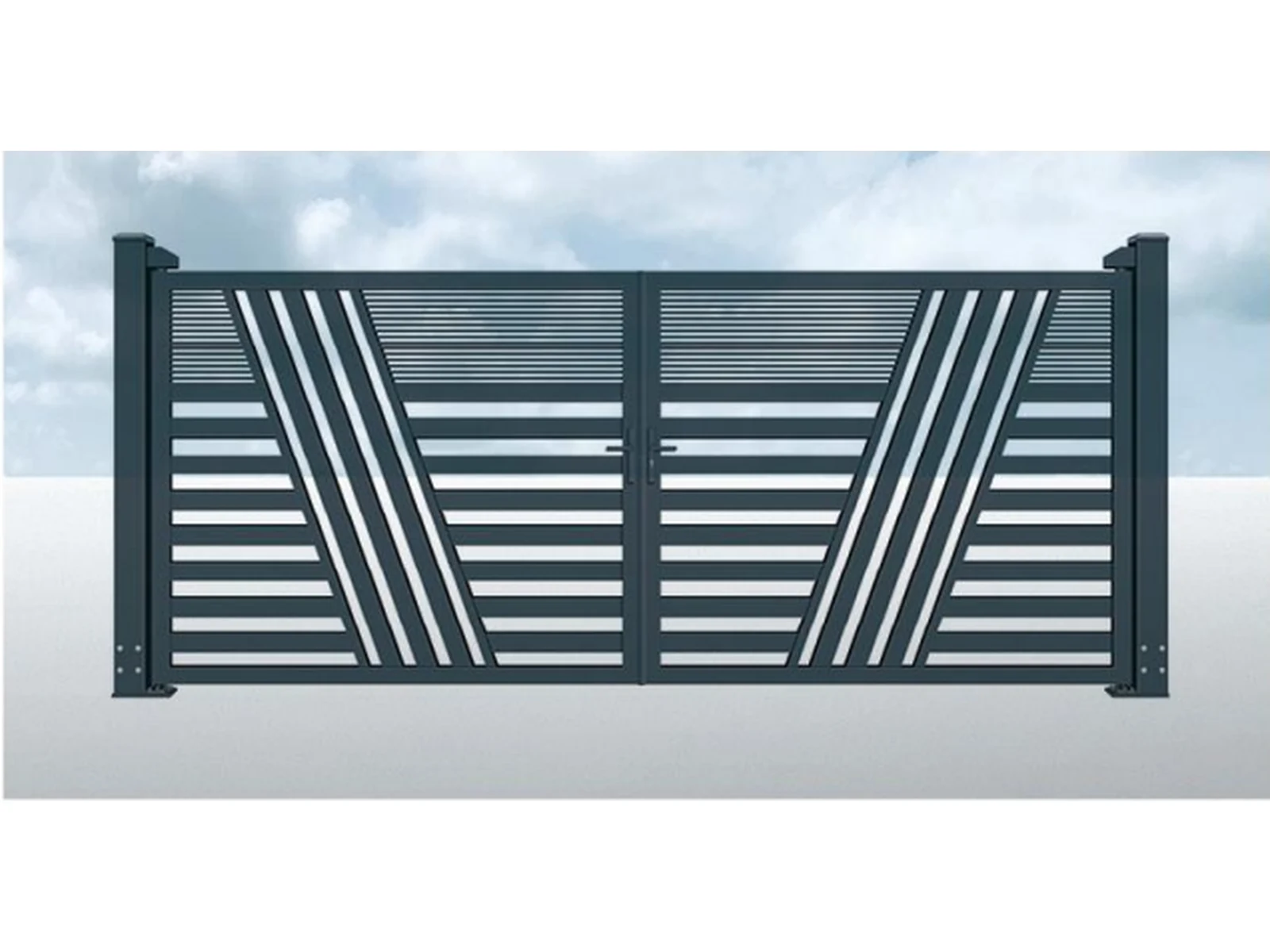Charcoal Black Horizontal Double Swing Driveway Gate with White Geometric Slat Decoration-1 Charcoal Black Horizontal Double Swing Driveway Gate with White Geometric Slat Decoration