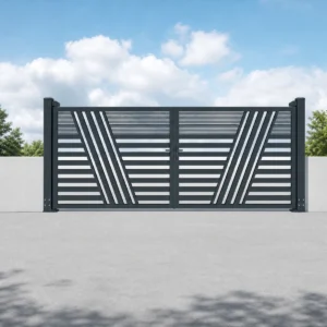 Charcoal Black Horizontal Double Swing Driveway Gate with White Geometric Slat Decoration