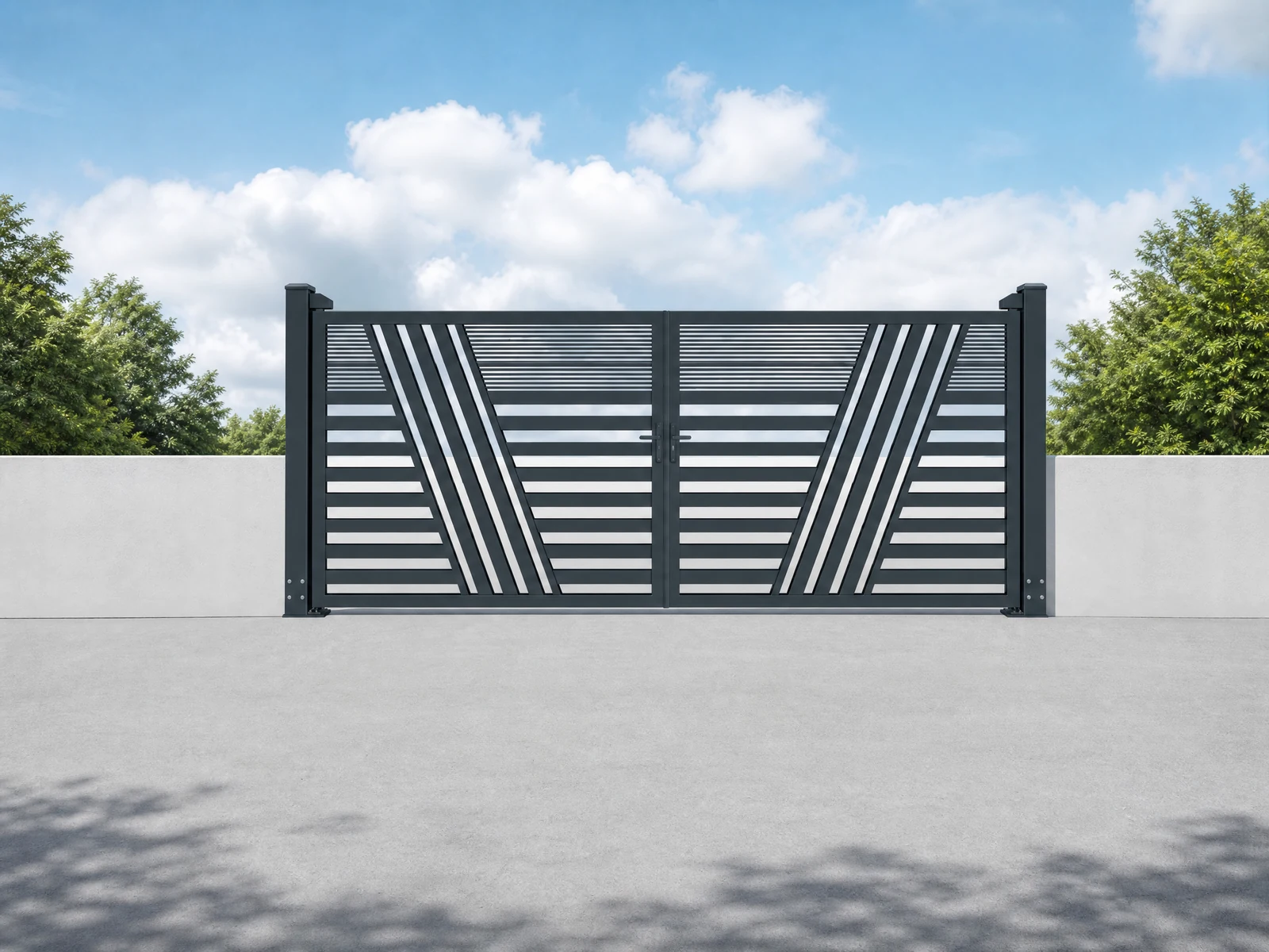 Charcoal Black Horizontal Double Swing Driveway Gate with White Geometric Slat Decoration Charcoal Black Horizontal Double Swing Driveway Gate with White Geometric Slat Decoration