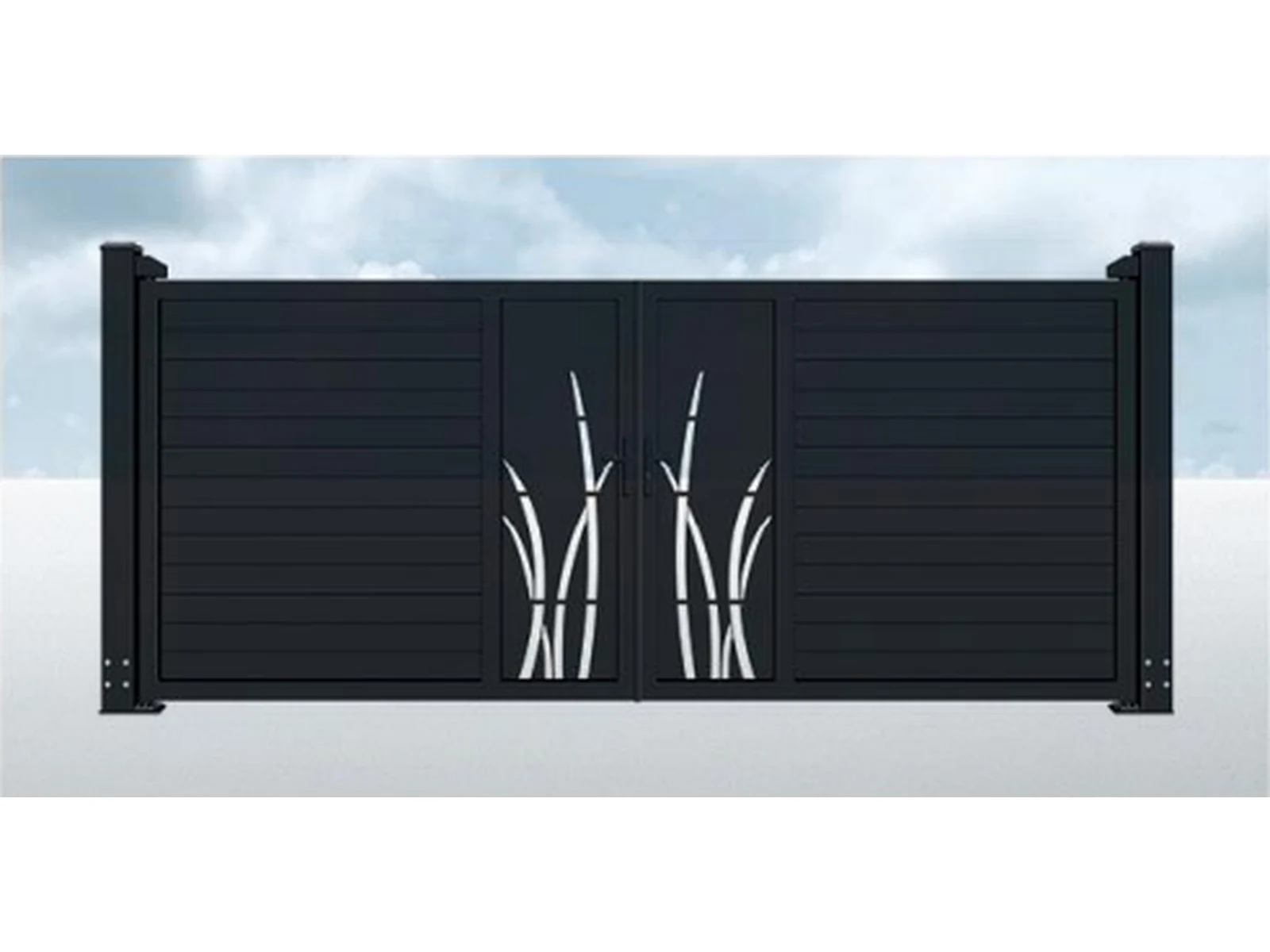 Charcoal Black Horizontal Double Swing Driveway Gate with White Grass Leaf Decoration-1 Charcoal Black Horizontal Double Swing Driveway Gate with White Grass Leaf Decoration