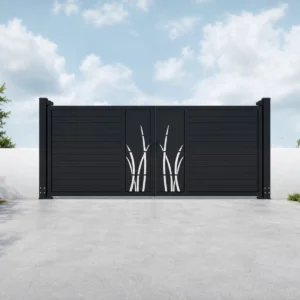 Charcoal Black Horizontal Double Swing Driveway Gate with White Grass Leaf Decoration