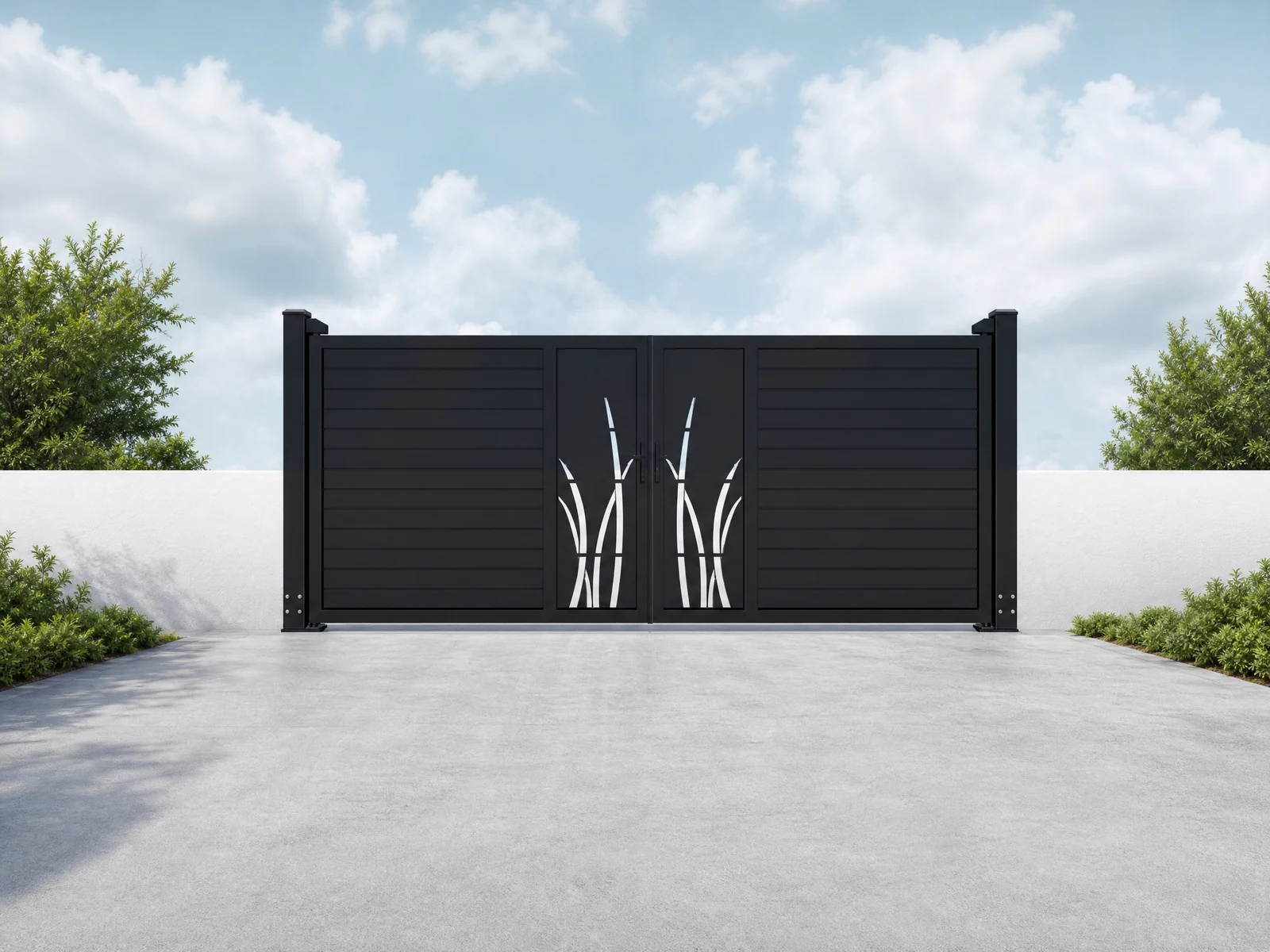 Charcoal Black Horizontal Double Swing Driveway Gate with White Grass Leaf Decoration Charcoal Black Horizontal Double Swing Driveway Gate with White Grass Leaf Decoration