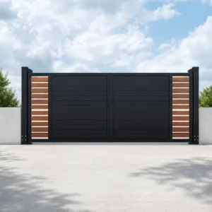 Charcoal Black Horizontal Double Swing Driveway Gate with Wood Grain Side Slats