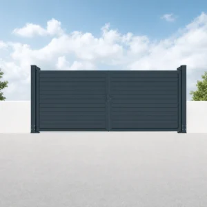 Charcoal Black Horizontal Slat Double Swing Driveway Gate
