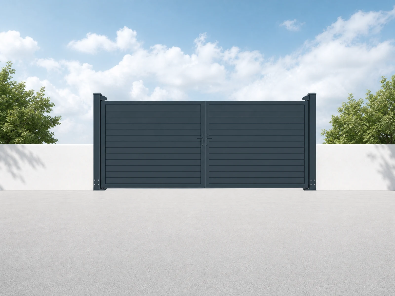 Charcoal Black Horizontal Slat Double Swing Driveway Gate Charcoal Black Horizontal Slat Double Swing Driveway Gate