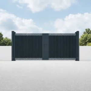 Charcoal Black Vertical Bar Double Swing Driveway Gate with Central Post