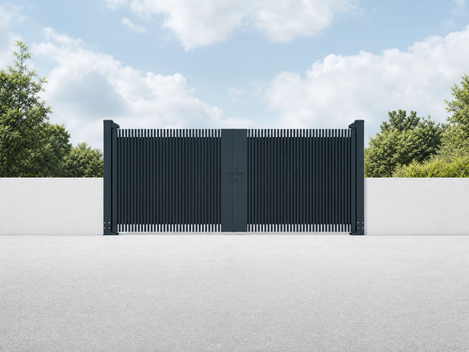 Charcoal Black Vertical Bar Double Swing Driveway Gate with Central Post Charcoal Black Vertical Bar Double Swing Driveway Gate with Central Post