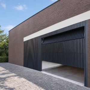 Home Charcoal Black Vertical Slat Garage Door with Horizontal Louver Detail