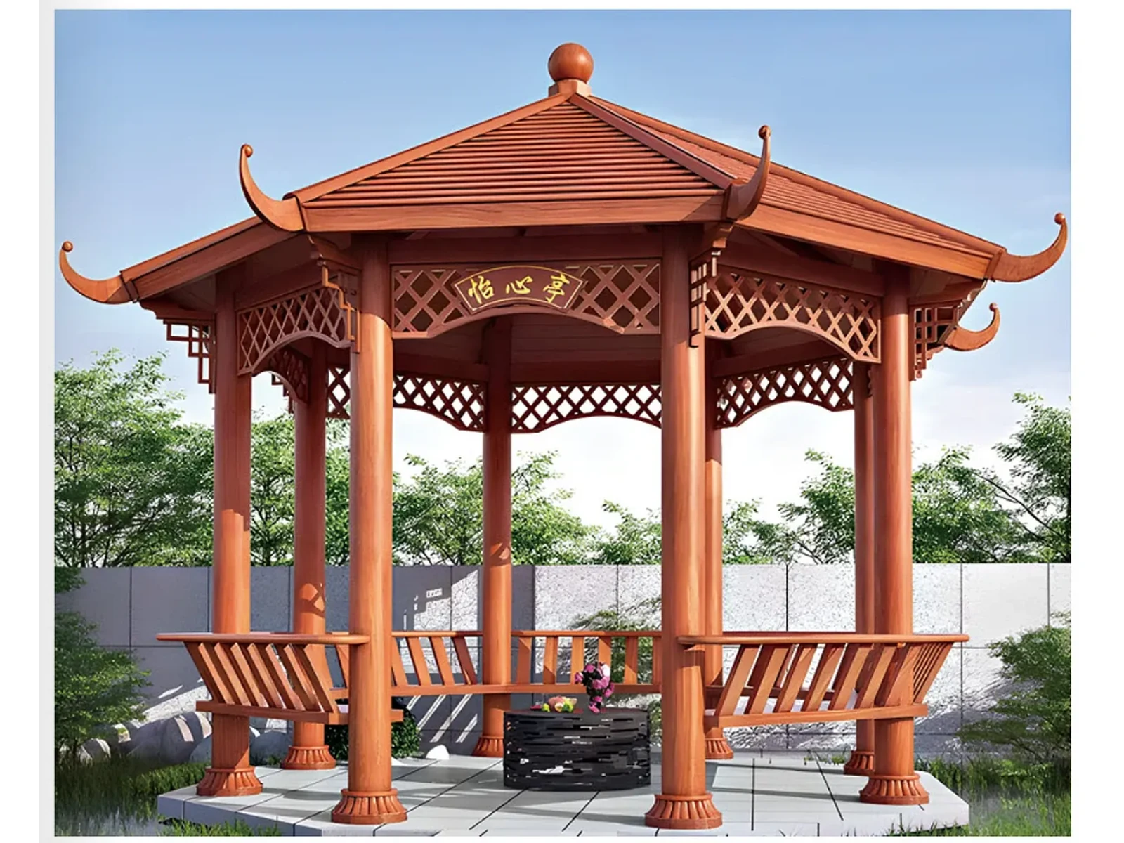 Chinese-Style Hexagonal Pavilion with Flying Eaves and Wooden-Grain Steel Structure-1 Chinese-Style Hexagonal Pavilion with Flying Eaves and Wooden-Grain Steel Structure