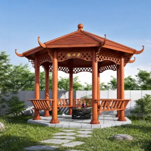 Chinese-Style Hexagonal Pavilion with Flying Eaves and Wooden-Grain Steel Structure