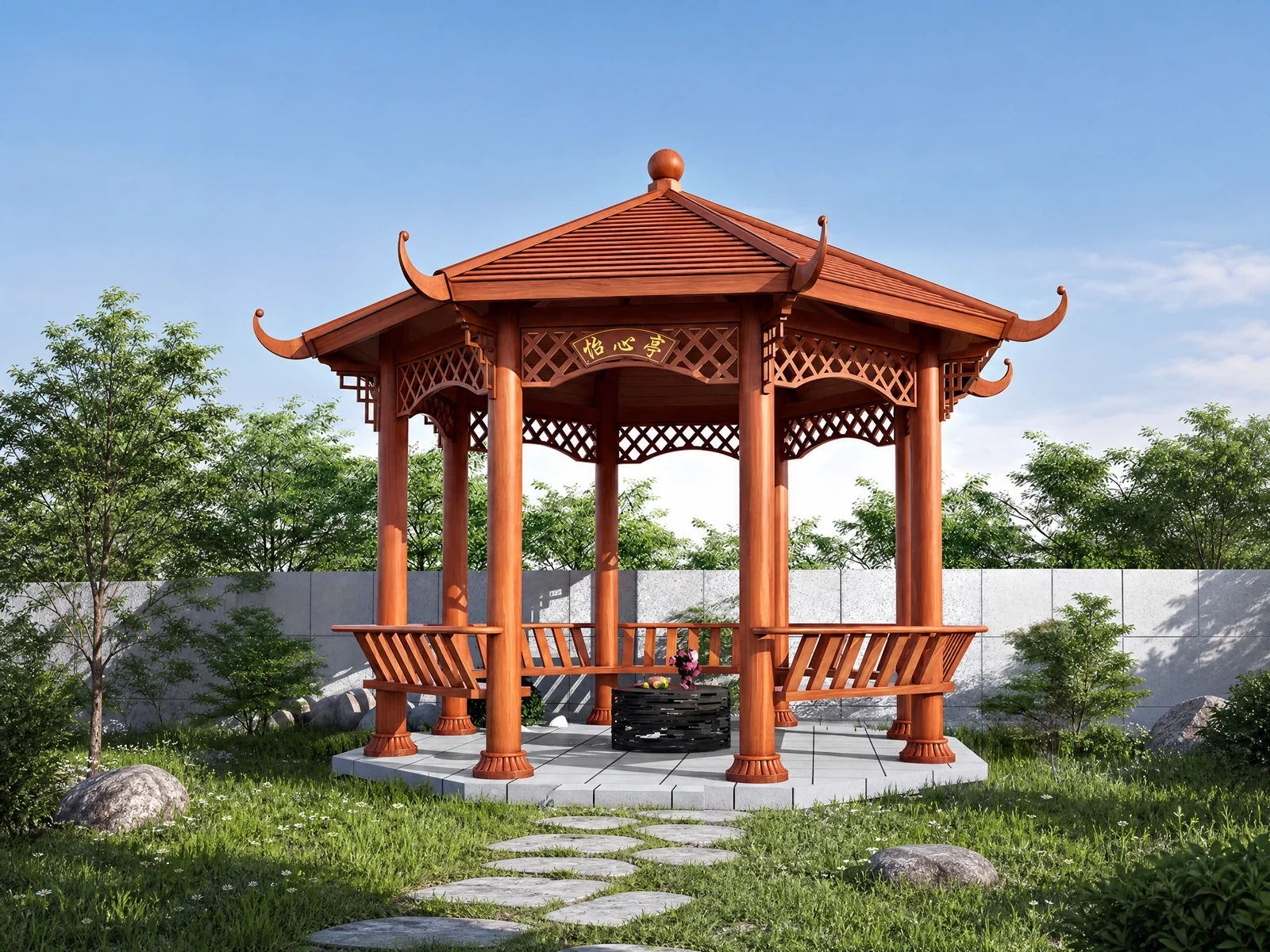 Chinese-Style Hexagonal Pavilion with Flying Eaves and Wooden-Grain Steel Structure Chinese-Style Hexagonal Pavilion with Flying Eaves and Wooden-Grain Steel Structure