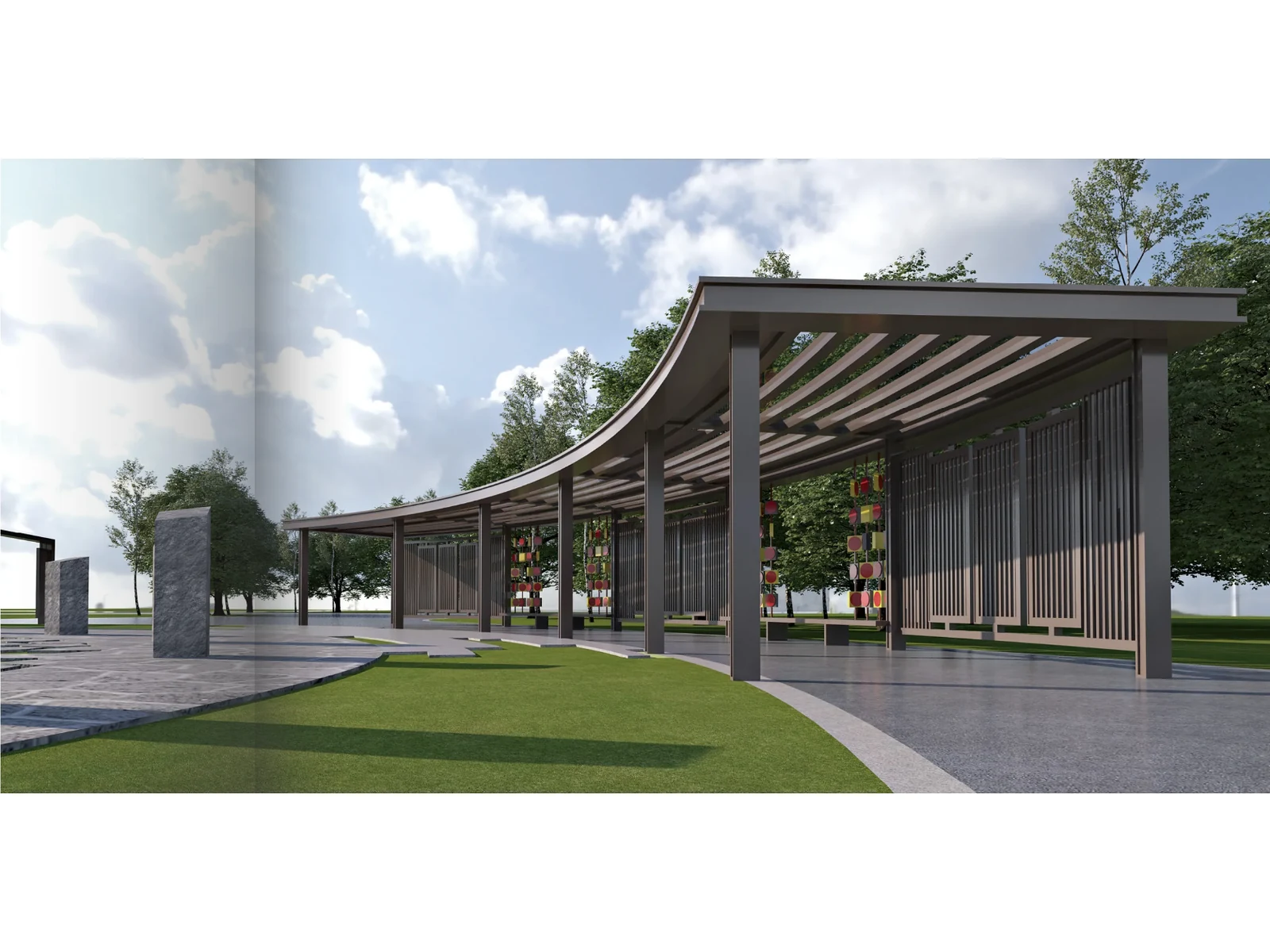 Curved Long Span Garden Pavilion with Metal Slat Roof-1 Curved Long Span Garden Pavilion with Metal Slat Roof