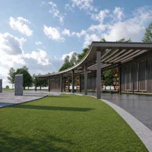 Curved Long Span Garden Pavilion with Metal Slat Roof