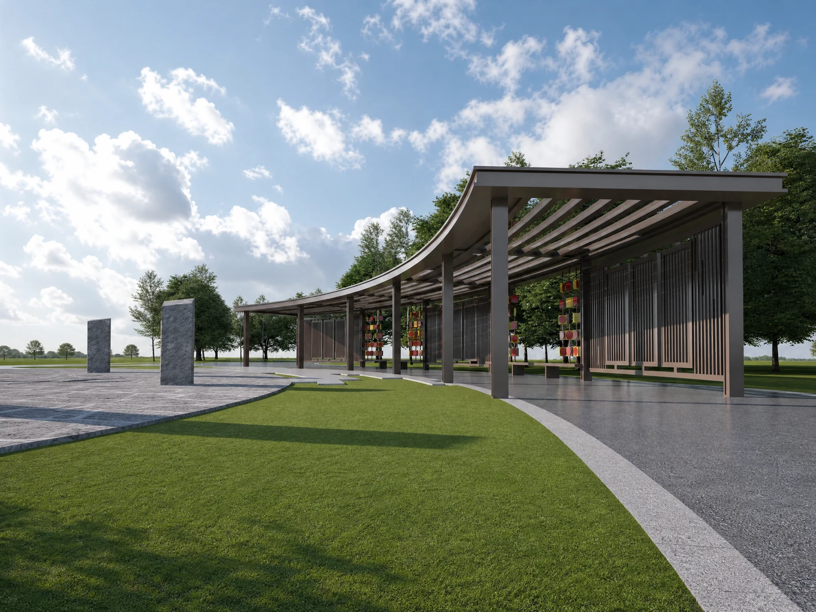 Curved Long Span Garden Pavilion with Metal Slat Roof Curved Long Span Garden Pavilion with Metal Slat Roof