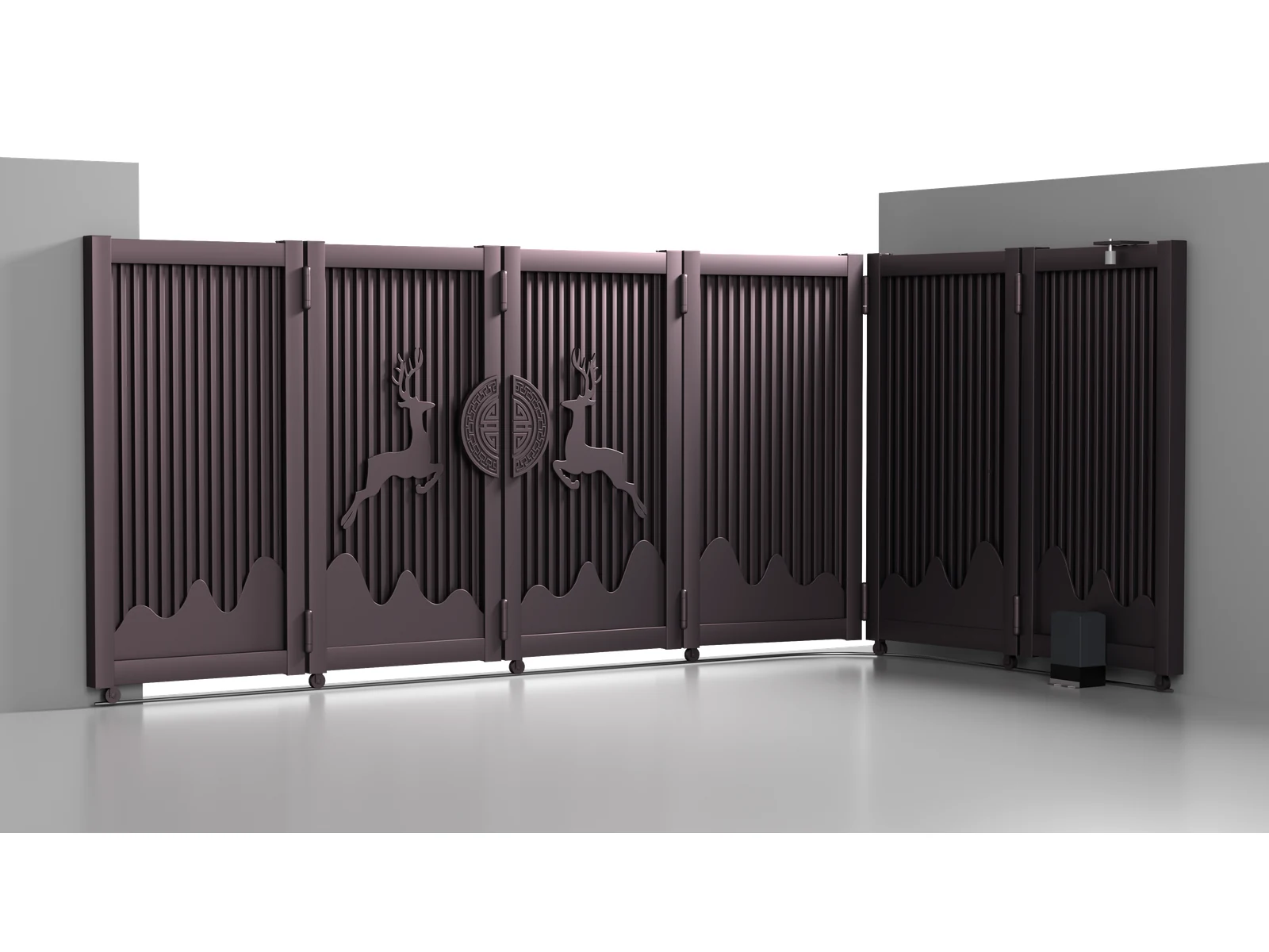 Curved Track Turning Sliding Gate with Brown Wood Grain Vertical Grilles and Deer Decoration-1 Curved Track Turning Sliding Gate with Brown Wood Grain Vertical Grilles and Deer Decoration