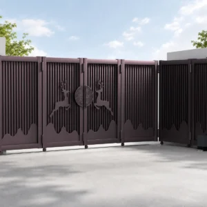 Curved Track Turning Sliding Gate with Brown Wood Grain Vertical Grilles and Deer Decoration