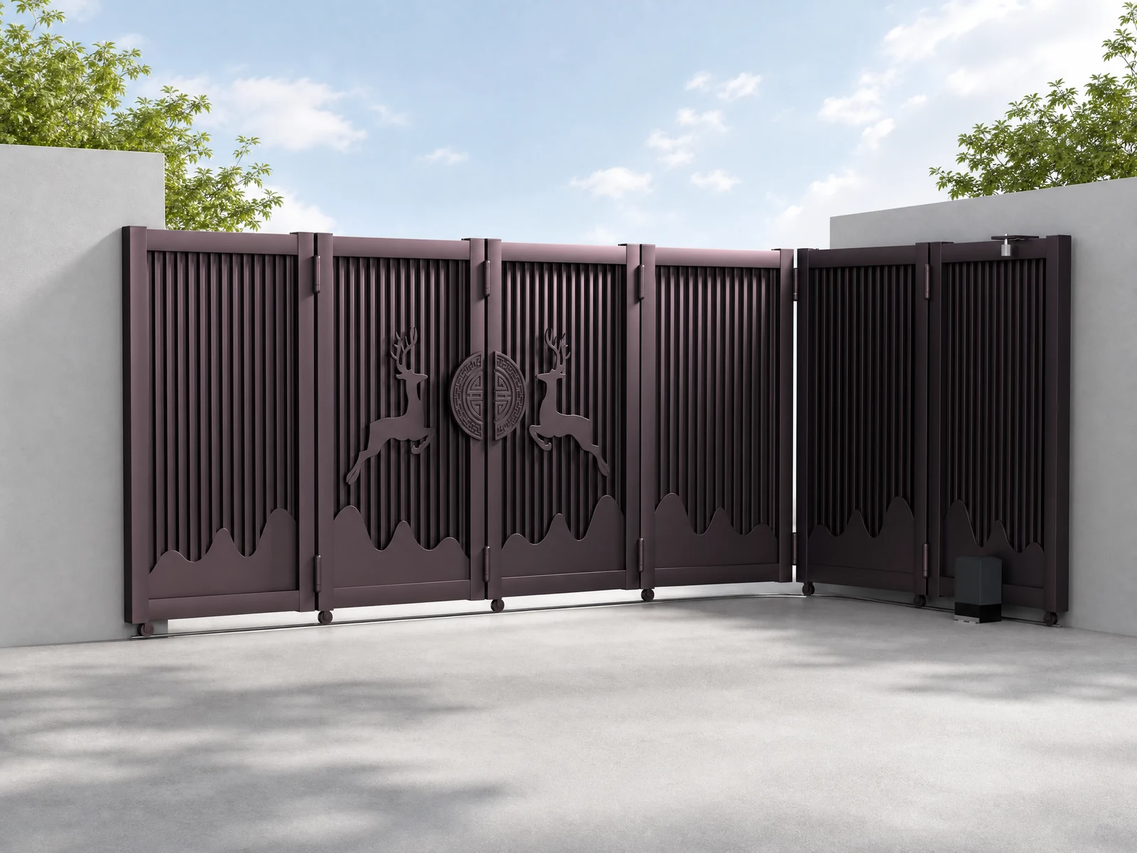 Curved Track Turning Sliding Gate with Brown Wood Grain Vertical Grilles and Deer Decoration Curved Track Turning Sliding Gate with Brown Wood Grain Vertical Grilles and Deer Decoration