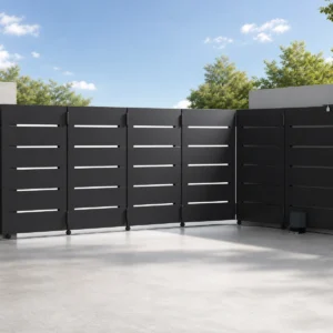 Curved Track Turning Sliding Gate with Charcoal Black Horizontal Panels