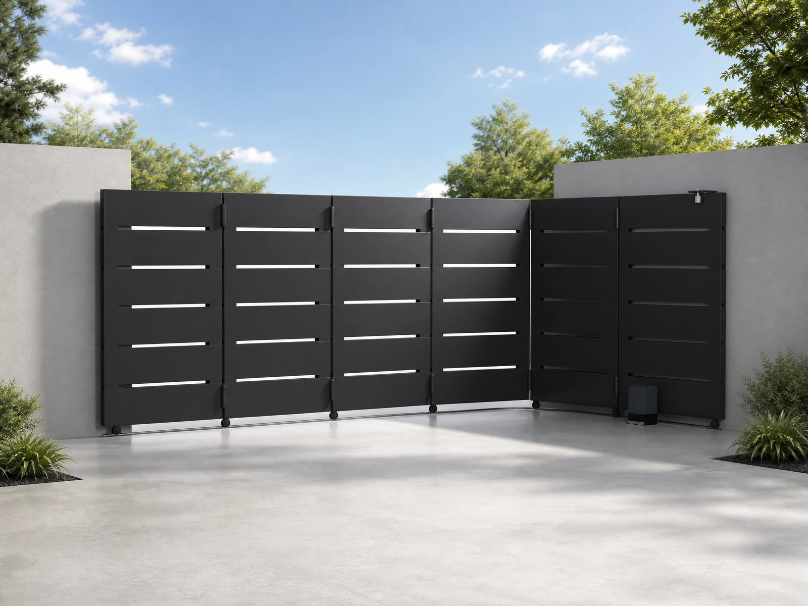 Curved Track Turning Sliding Gate with Charcoal Black Horizontal Panels Curved Track Turning Sliding Gate with Charcoal Black Horizontal Panels
