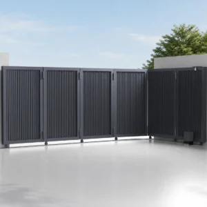 Curved Track Turning Sliding Gate with Charcoal Black Vertical Grille Panels