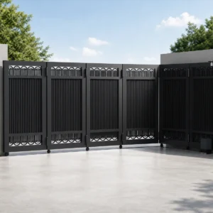 Curved Track Turning Sliding Gate with Charcoal Black Vertical Grilles and Decorative Classical Pattern