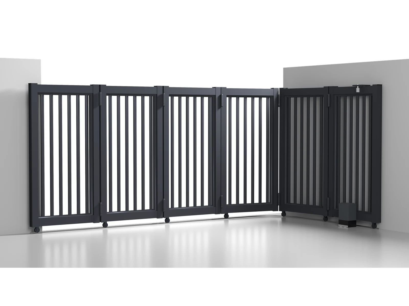 Curved Track Turning Sliding Gate with Charcoal Black Wide Vertical Bars-1 Curved Track Turning Sliding Gate with Charcoal Black Wide Vertical Bars