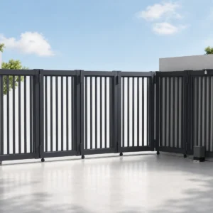Curved Track Turning Sliding Gate with Charcoal Black Wide Vertical Bars