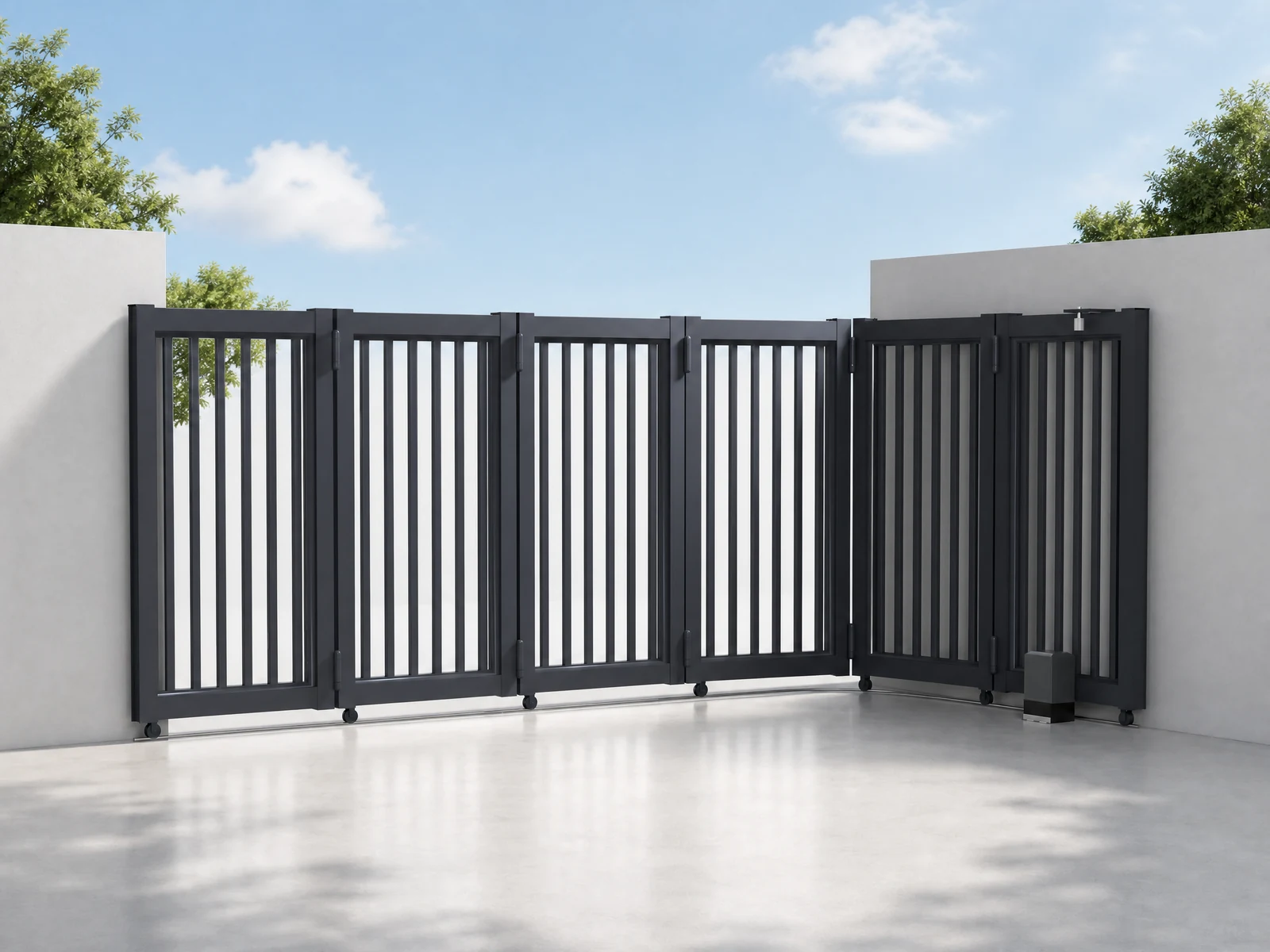 Curved Track Turning Sliding Gate with Charcoal Black Wide Vertical Bars Curved Track Turning Sliding Gate with Charcoal Black Wide Vertical Bars