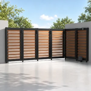 Curved Track Turning Sliding Gate with Charcoal Frame and Wood Grain Horizontal Grilles